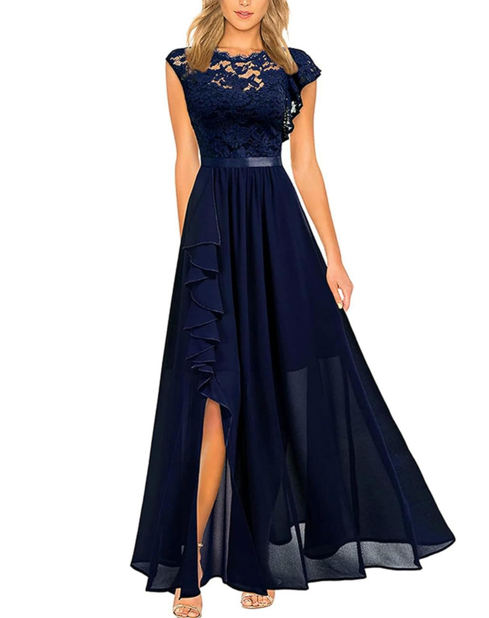 NWT Miusol Evening Dress Women L Navy Blue Lace Ruffle Chiffon Bridesmaid Formal
